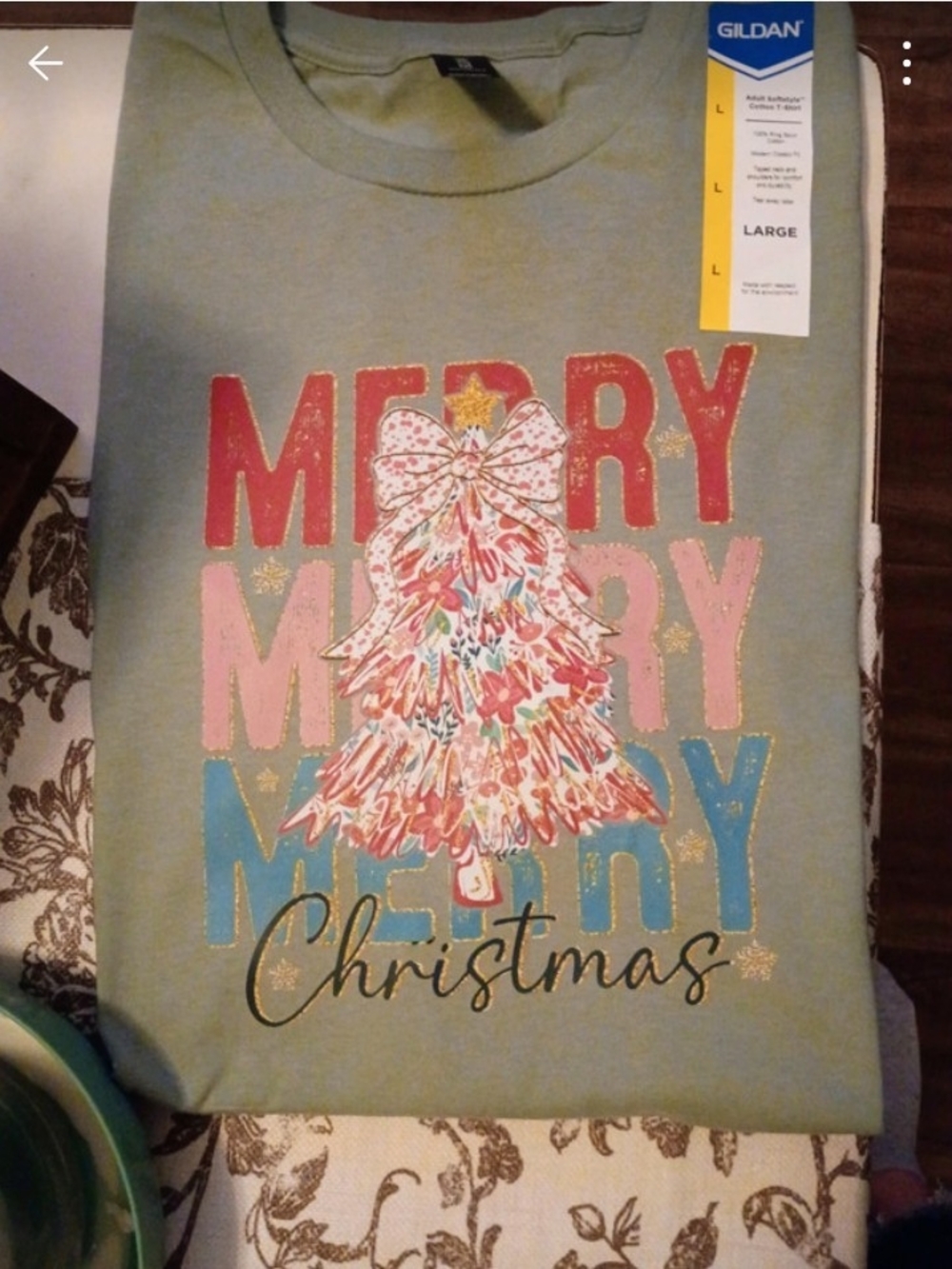 Gildan Light Green Women's Christmas Graphic Tee with Multicolor Tree